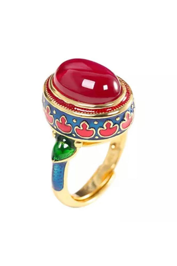 Chinese Style Silver Band Natural Red Corundum Colorful Enamel Women Ring