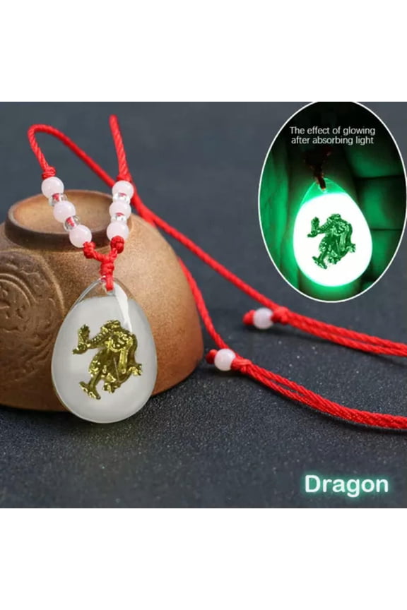 Chinese Zodiac Red Rop Pendant Necklace Luminous Beads Choker For Women Men#-Dragon