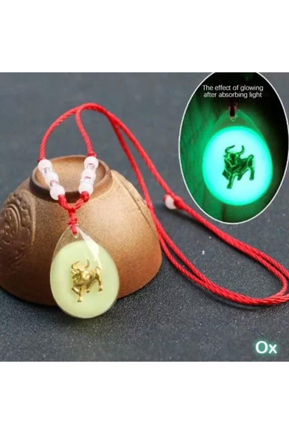 Chinese Zodiac Red Rop Pendant Necklace Luminous Beads Choker For Women Men#-Ox