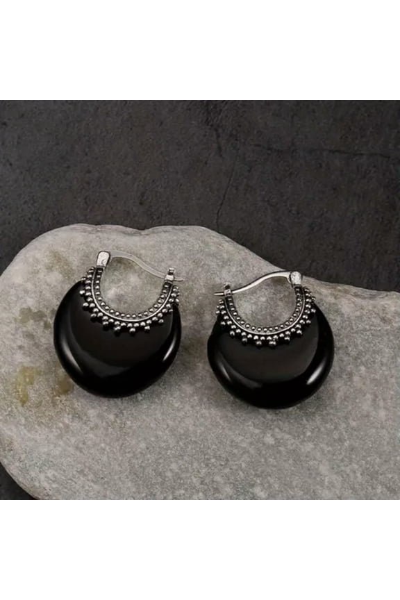 Chunky Moon Crescent Design Turquoise Decor Hoop Earrings Retro Bohemian Jewelry-Black