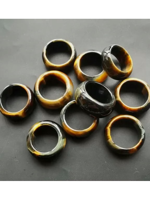 Circle natural blue yellow tiger eye stone Rings,Round Smooth banded ring,width-USA 10.5