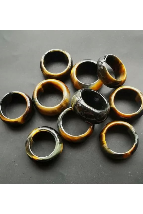 Circle natural blue yellow tiger eye stone Rings,Round Smooth banded ring,width-USA 9