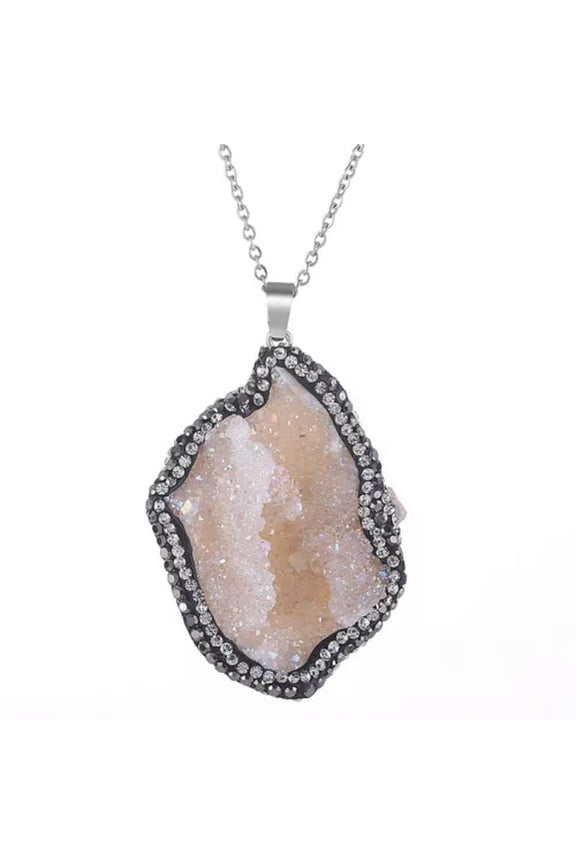 Classic Natural Gemstone Irregular Raw Drusy Stone Pendant Chain Necklace-002