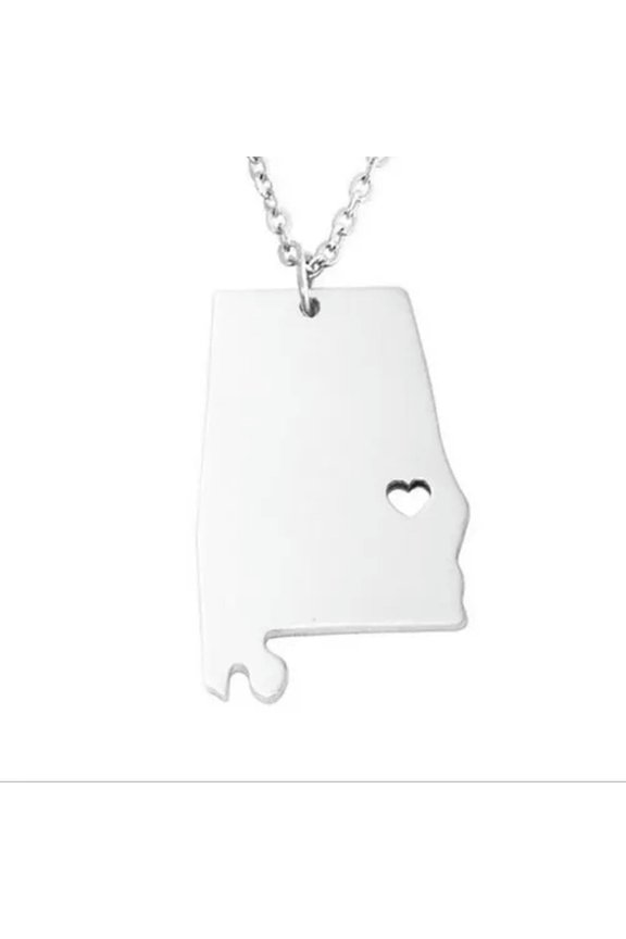 Classic Silver Stainless Steel USA State Map Pendant Necklace Jewelry -Alabama