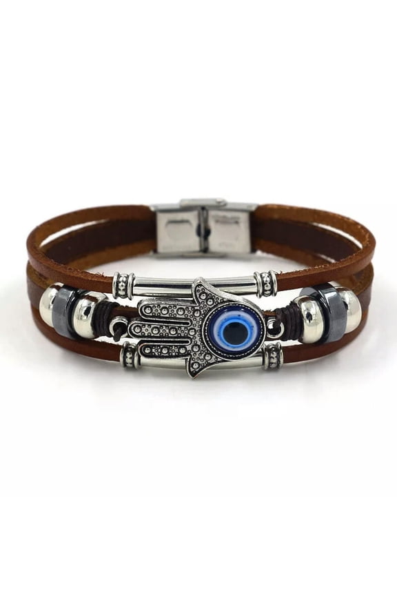 Coffee Palm Eye Multi-layer Punk Genuine Leather Cuff Bracelet Steel Clasp Buckle