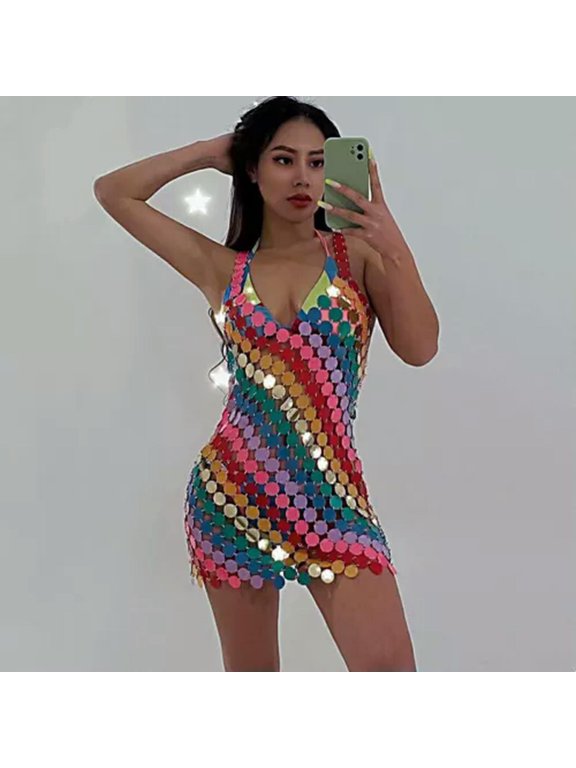 Colorful Rainbow Round Sequins V-Neck Body Chain Sexy Dress Women Body-Dress