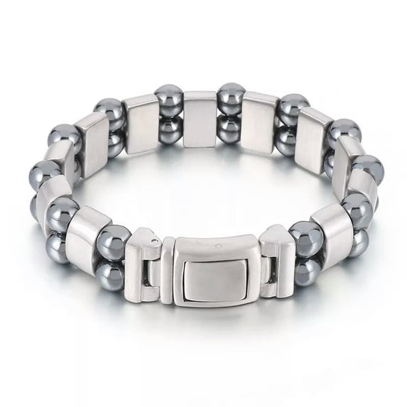 HOOUN Cool Double Gray Iron Stone Bead Stainless Steel Link Chain Bracelet 15mm 8.26''