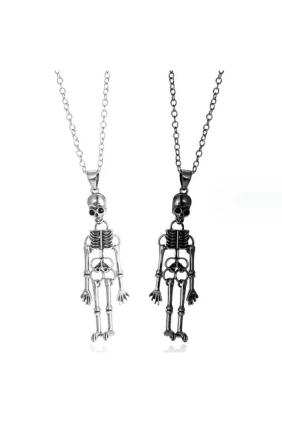 Couple Gothic Skull Necklace Stainless Steel Chain Pendant Lover Hold Hand Gift-Black + Silver