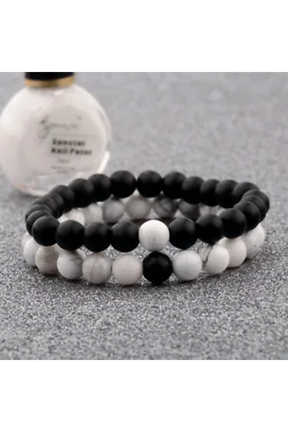 Couple His & Hers Distance Healing Bracelets Black Lava Bead Matching YinYang-White