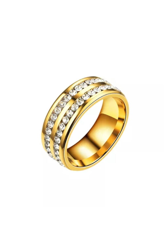 Couple Ring Double Rhinestone Silver/Gold Stainless Steel Wedding Band Size 7-11-gold-8
