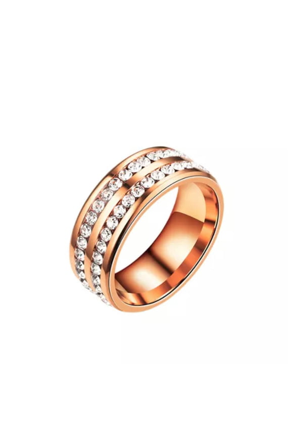 Couple Ring Double Rhinestone Silver/Gold Stainless Steel Wedding Band Size 7-11-rose gold-7