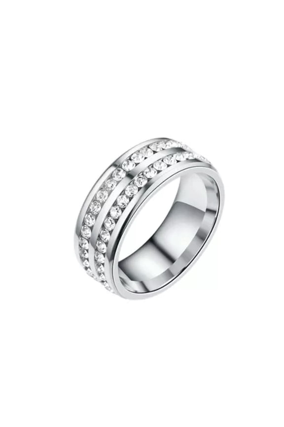 Couple Ring Double Rhinestone Silver/Gold Stainless Steel Wedding Band Size 7-11-silver-9