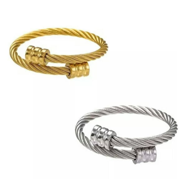 HOOUN Crainoc Titanium Ion Osimium Bangle Magnetic Lymphatic Drainage Bracelet for Men-Silver+Gold（2PCS）