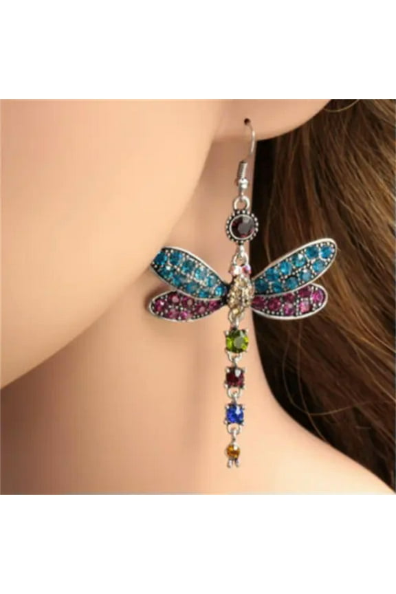 Creative Dragonfly Shaped Cubic Zircon Women Jewelry 925 Silver Drop Earrings-Multicolor