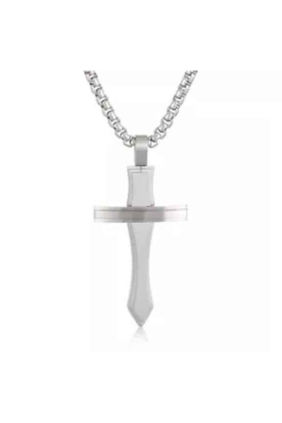 Creative Sword Cross Pendant Stainless Steel Necklace Rolo Chain For Mens Women-Silver