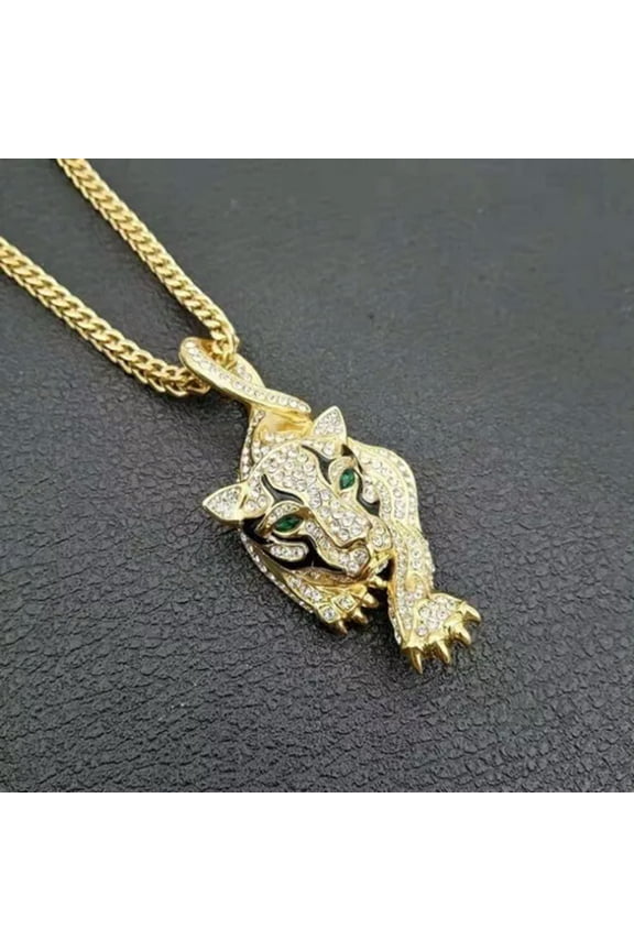 Creative Tiger Charm Pendant Necklace Men Hip-Hop Rhinestone Jewelry Silvery New-Gold