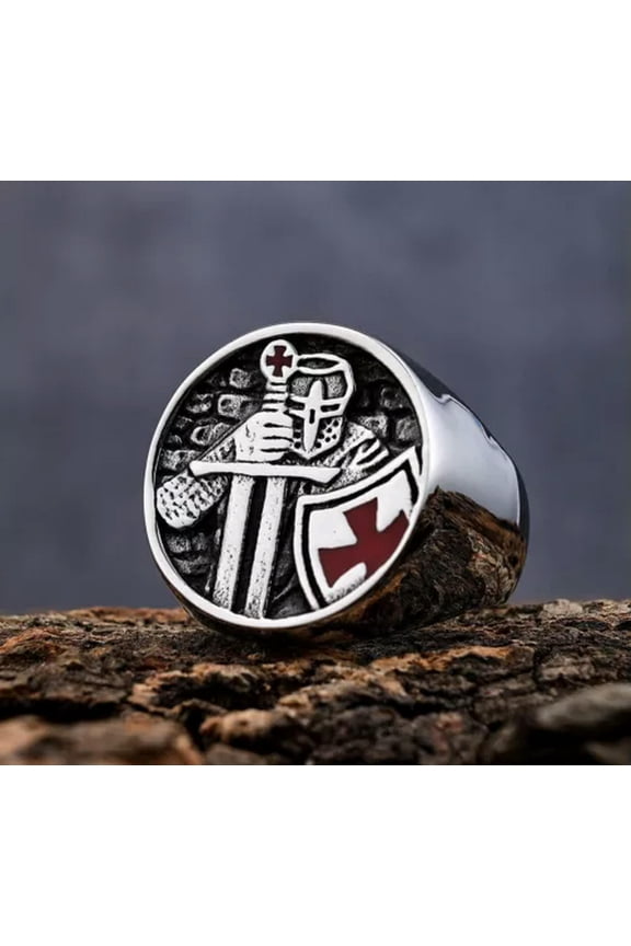 Cross Temple Knight Helmet Warrior Ring Stainless Steel Punk Men's Crusader Ring-9