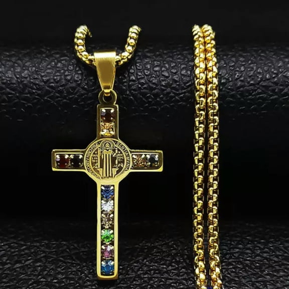 HOOUN Cross with colorful Rhinestone Pendant Necklace stainless steel Chain Jewelry-Gold