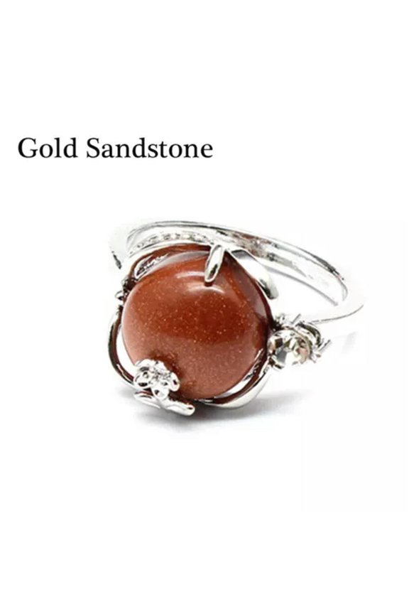 Crystal Flower Finger Ring Quartz Stone Chakra Round Bead Gift Reiki Healing 1PC-Gold Sandstone