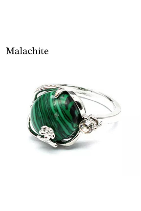 Crystal Flower Finger Ring Quartz Stone Chakra Round Bead Gift Reiki Healing 1PC-Malachite