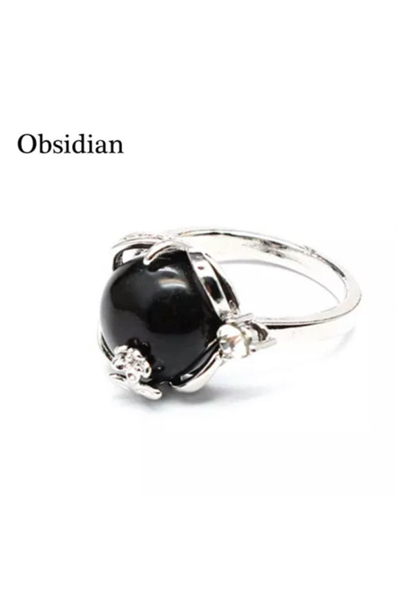 Crystal Flower Finger Ring Quartz Stone Chakra Round Bead Gift Reiki Healing 1PC-Obsidian