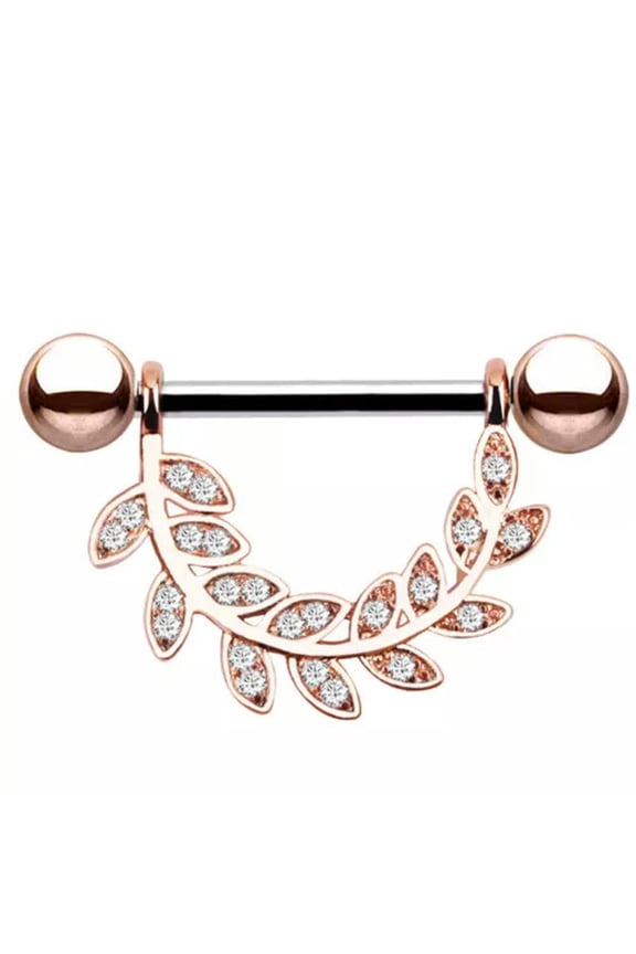 Crystal Leaf Ball Tongue Nipple Barbell Rings Bars Body Jewelry Piercing 14G-ca_-Rose Gold