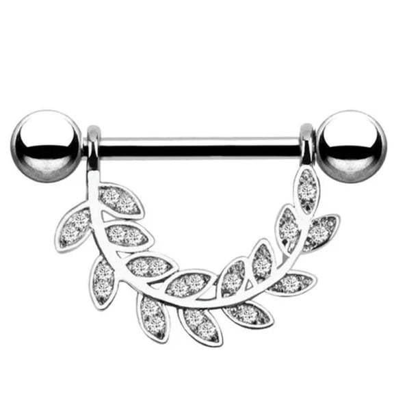 HOOUN Crystal Leaf Ball Tongue Nipple Barbell Rings Bars Body Jewelry Piercing 14G-ca_-Silver
