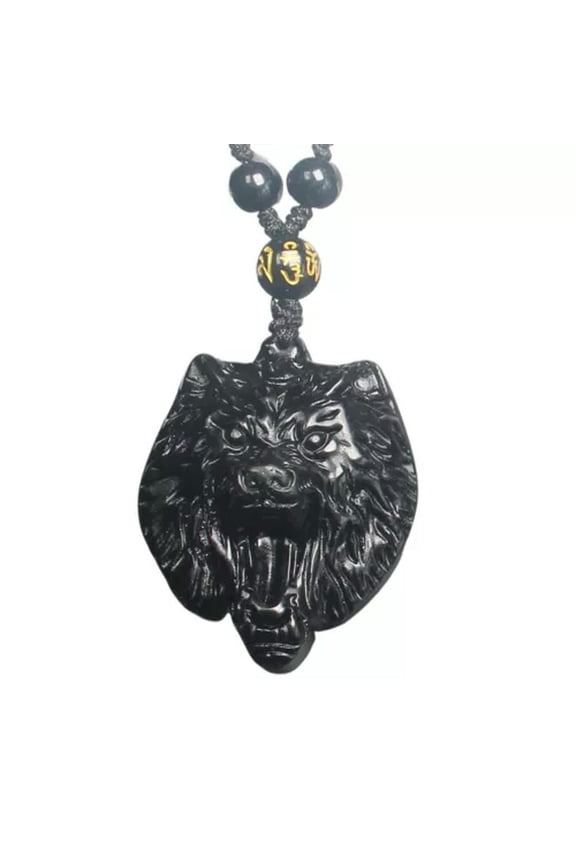 Crystal Natural black Obsidian wolf head Necklace Pendant with adjustable Chain