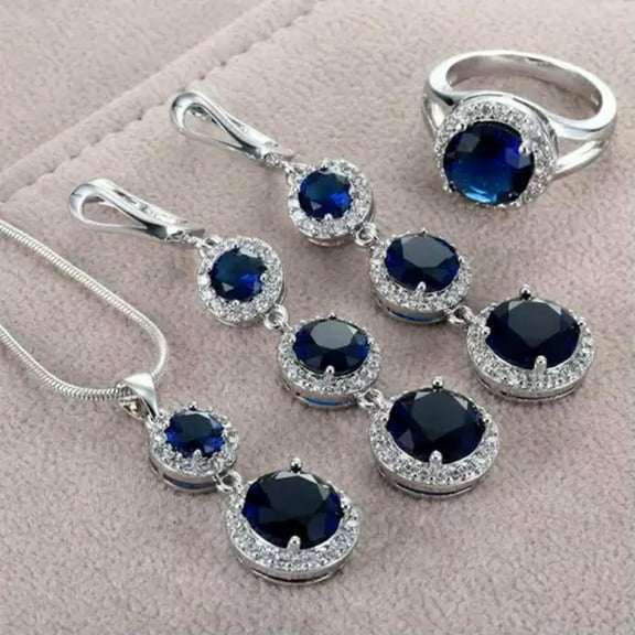 HOOUN Cubic Zirconia 925 Silver Wedding Jewelry Set Ring Earrings Necklace Party Gift-2# Sapphire Round-9