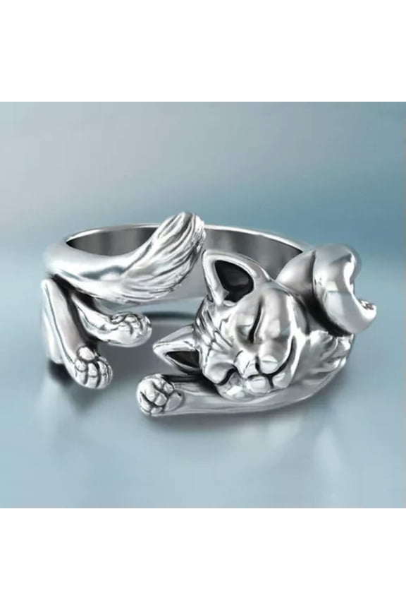 Cute 925 Silver Cat Shaped Ring With Rhinestone Eyes Adjustable Wedding Jewelry-#1-Adjustable