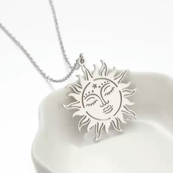 HOOUN Cute Sun Smile Face Stainless Steel Chain Pendant Gold Silver Necklace Gift-Silver