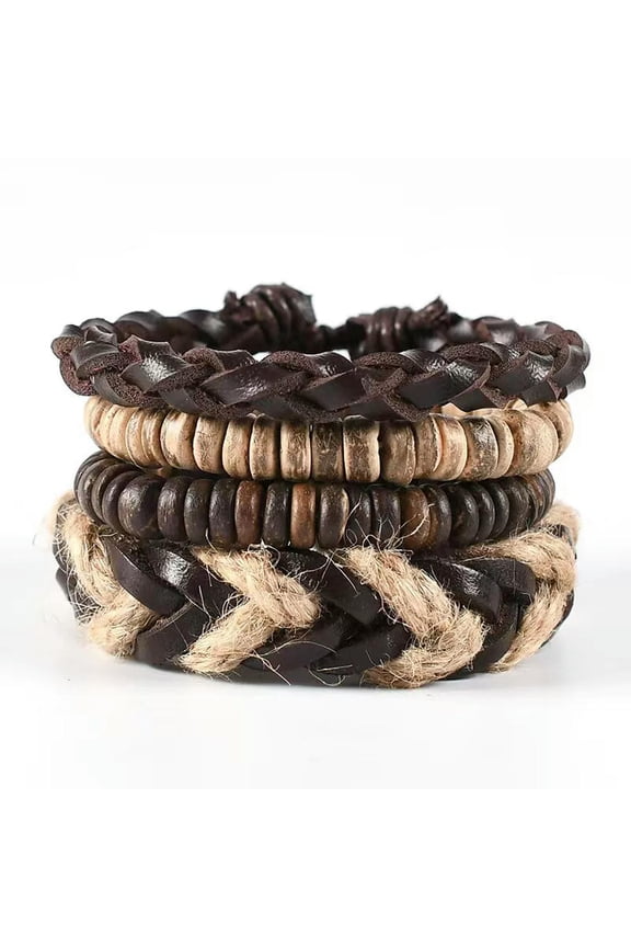 DIY 4Pcs/Set Hemp Rope Woven Coconut Shell Beads Punk Leather Bracelet For Men