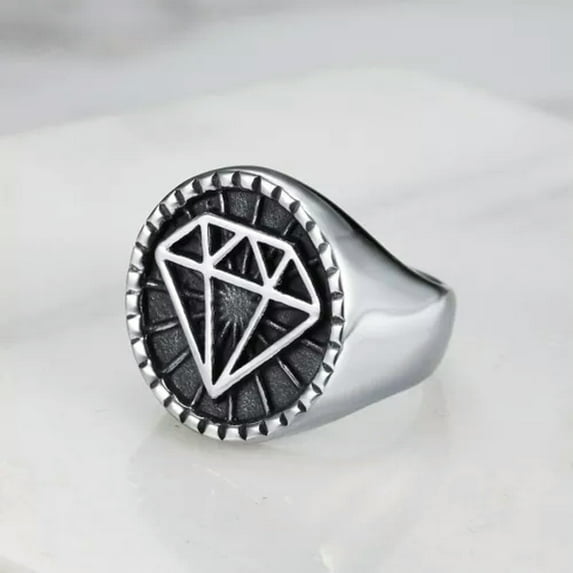 HOOUN Diamond Pattern Signet Ring Stainless Steel Vintage Unisex Wedding Ring Solid-7