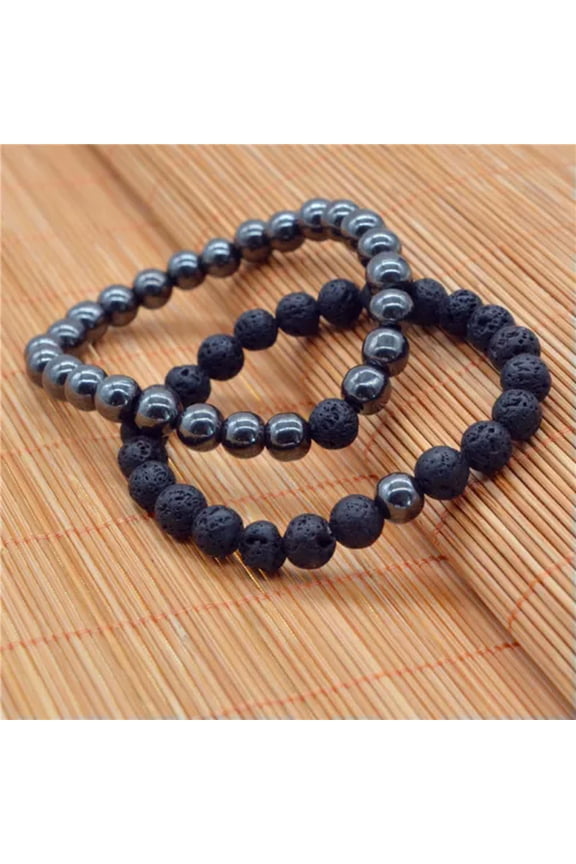 Distance Bracelet Quartz Amethyst Gemstone Lava Stone Bead Couple Elastic Bangle-2PCS Hematite-Lava Stone