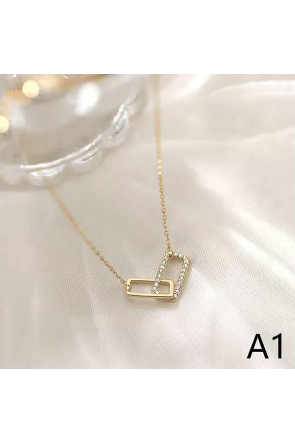 Double-Layer Square Necklace Flashing Diamond Geometric Clavicle Chain Female@-Gold-