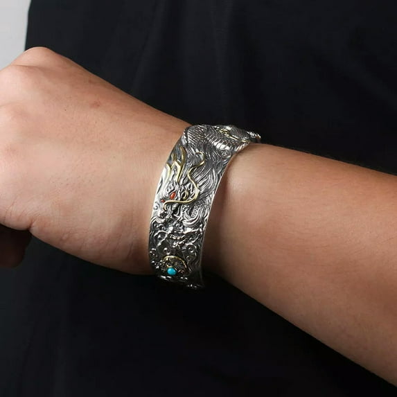 HOOUN Dragon Shaped Tibetan Silver Men's Open Mouth Domineering Dragon Bracelet