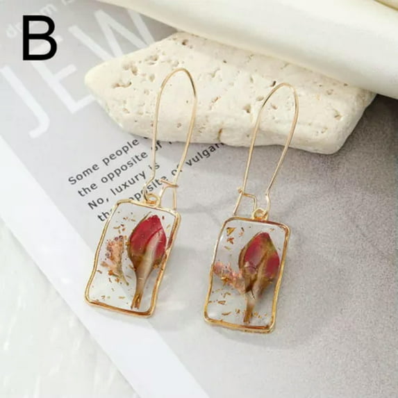 HOOUN Dried Flower Earrings Women Vintage Real Floral Earrings Resin Flower Earring-B