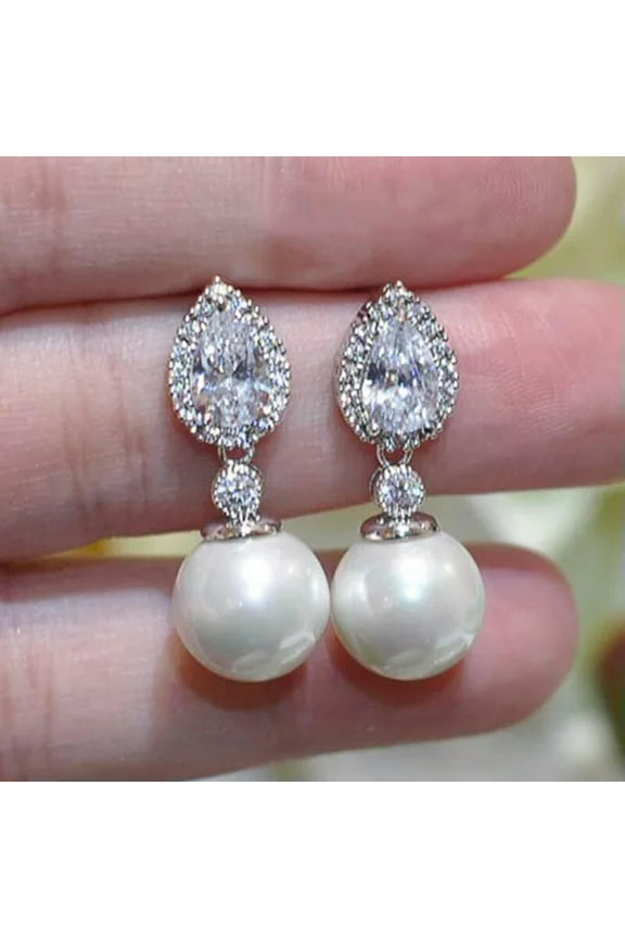 Elegant 925 Silver Women White Pearl Drop Earrings Anniversary Wedding Jewelry-#1
