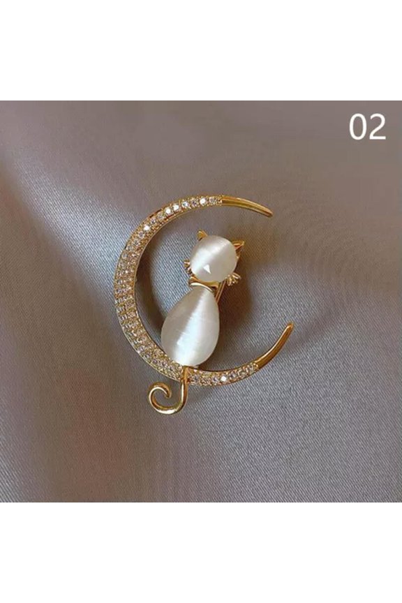 Elegant Rhinestone Opal Stone Moon Cat Brooch Pin Clothes Accessories Gift#-02
