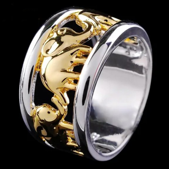HOOUN Elephant Ring 925Silver Gold Plated Men Women Jewelry Wholesale Wide Band SZ6-12-02# Silver-7