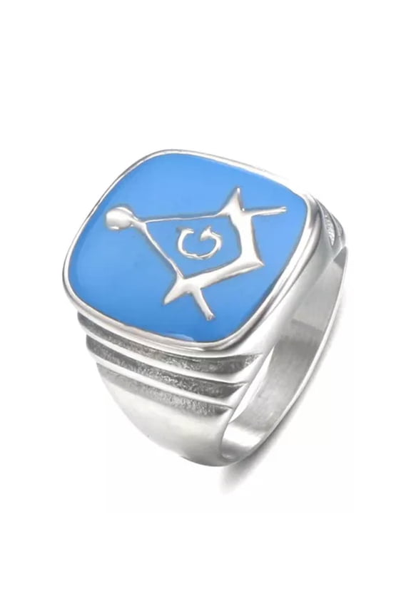 Enamel Masonic Symbol Signet Ring Stainless Steel Men Women Freemason Biker Ring-12-Silver with Blue Enamel