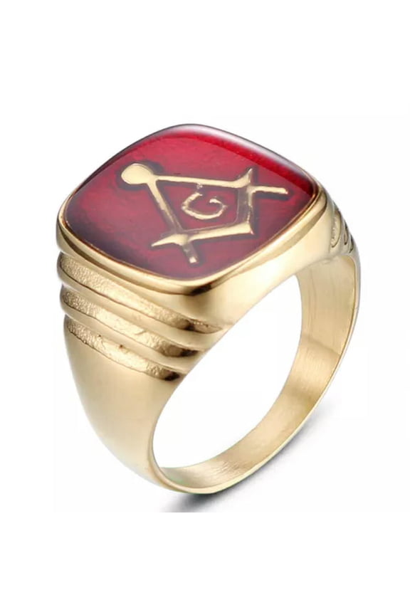Enamel Masonic Symbol Signet Ring Stainless Steel Men Women Freemason Biker Ring-8-Gold with Red Enamel