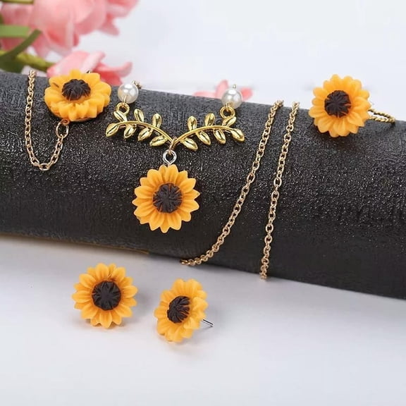HOOUN Ensemble De 4 Femme Or Brillant Collier Boucle Bague Bracelet Tournesol Bijoux