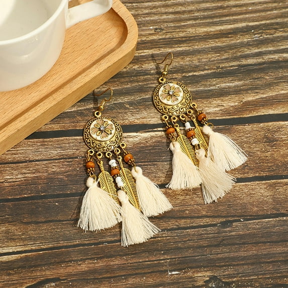 HOOUN Ethnic Style Earrings Tassel Style Earrings Chinese Style Golden Leaf Ear Hooks-Beige #2017