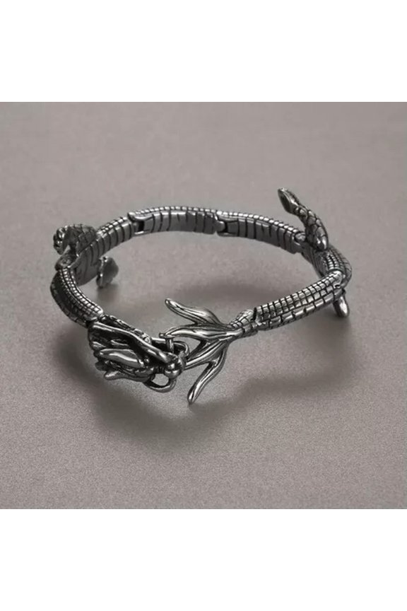Ethnic wind stainless steel Lucky dragon bracelet Cuff Bangle for men Vintage-silver