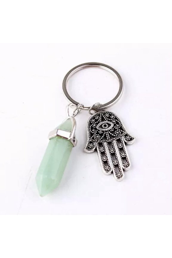 Evil Eye Fatima Hamsa Hand Crystal Hexagon Pillar Key Ring Palm Keychain Pendant-Aventurine