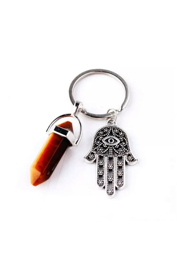 Evil Eye Fatima Hamsa Hand Crystal Hexagon Pillar Key Ring Palm Keychain Pendant-Tiger Eye