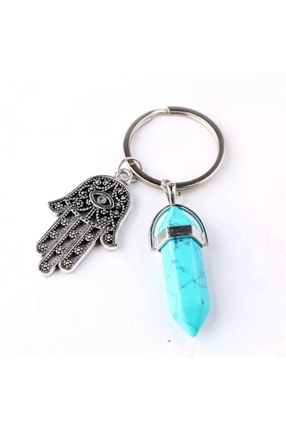 Evil Eye Fatima Hamsa Hand Crystal Hexagon Pillar Key Ring Palm Keychain Pendant-Turquoise
