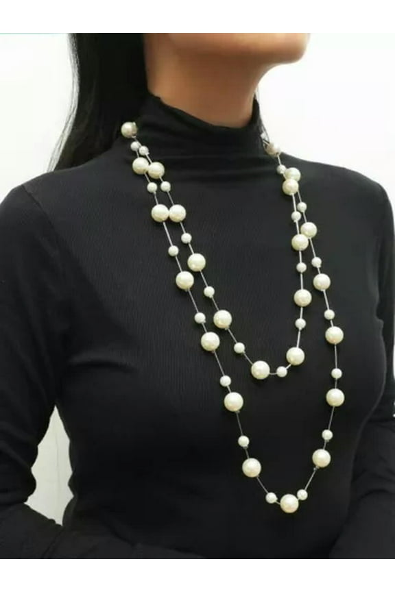 Extra Long Big Jumbo Pearl Necklace Silver Tone Thin Dainty Smooth Chain 58" New