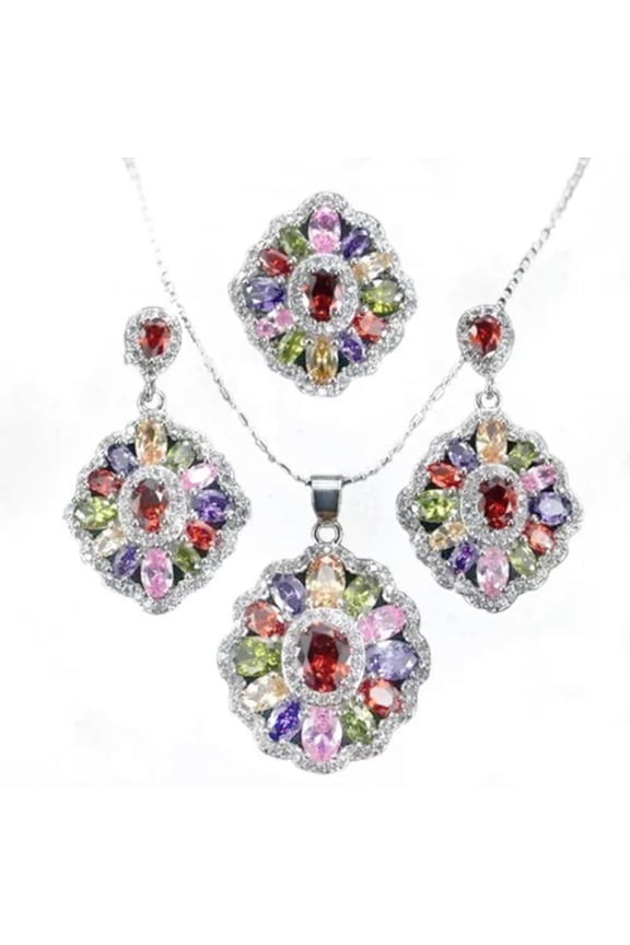 Fashion 925 Silver Colorful Topaz Necklace Earrings Ring Party Jewelry Set Gifts-7-Colorful